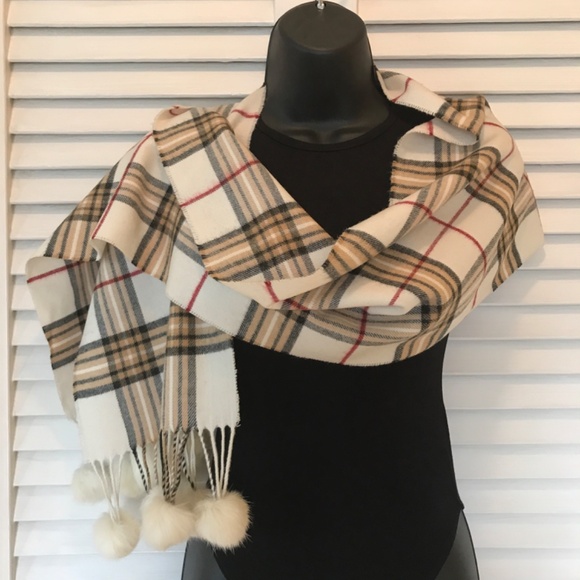 White Plaid Scarf- Real Fur Pom Poms! EUC 3/$19 - Picture 11 of 12